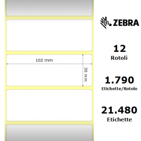 800294-155 - Etichette Zebra F.to 102x38mm Carta Vellum Ad. Permanente D.i. 25mm - con Strappo facilitato - Conf. da 12 Rotoli