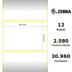 800261-107 - Etichette Zebra F.to 38X25mm Carta Termica Ad. Removibile D.i. 25mm - con Strappo facilitato - Conf. da 12 Rotoli