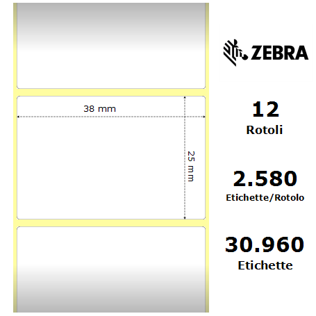 800261-107 - Etichette Zebra F.to 38X25mm Carta Termica Ad. Removibile D.i. 25mm - con Strappo facilitato - Conf. da 12 Rotoli