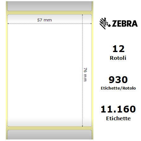 3007203-T - Etichette Zebra F.to 57x76mm Carta Vellum Ad. Permanente D.i. 25mm - con Strappo facilitato - Conf. da 12 Rotoli