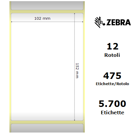 800294-605 - Etichette Zebra F.to 102x152mm Carta Vellum Ad. Permanente D.i. 25mm - con Strappo facilitato - Conf. da 12 Rotoli