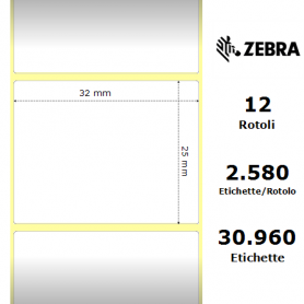 800261-105 - Etichette Zebra F.to 32x25mm Carta Termica Ad. Permanente D.i. 25mm - con Strappo facilitato - Conf. da 12 Rotoli