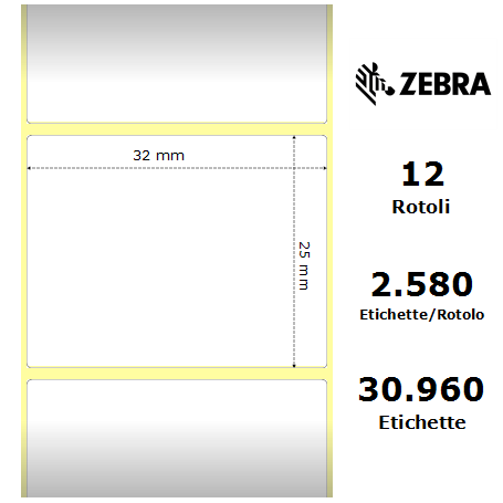 800261-105 - Etichette Zebra F.to 32x25mm Carta Termica Ad. Permanente D.i. 25mm - con Strappo facilitato - Conf. da 12 Rotoli