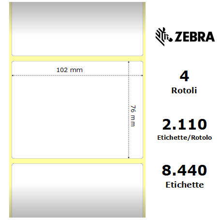 3007253-T - Etichette Zebra F.to 102x76mm Carta Termica Adesivo Permanente D.i. 76mm - Confezione da 4 Rotoli
