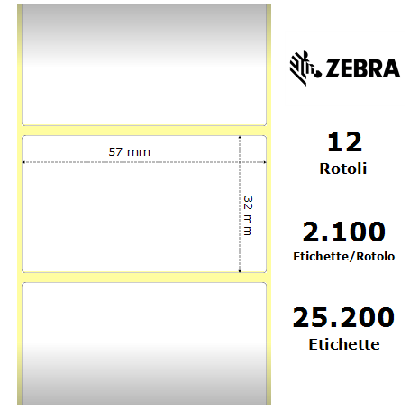 3006318 - Etichette Zebra F.to 57x32mm Carta Vellum Ad. Permanente D.i. 25mm - con Strappo facilitato - Conf. da 12 Rotoli