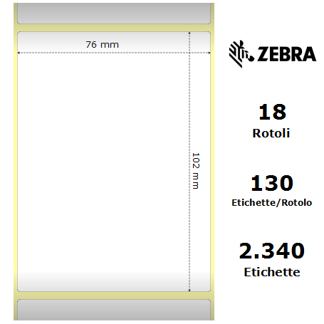 3002086 - Etichette Zebra F.to 76x102mm Carta Termica Adesivo Permanente D.i. 35mm - Confezione da 18 Rotoli