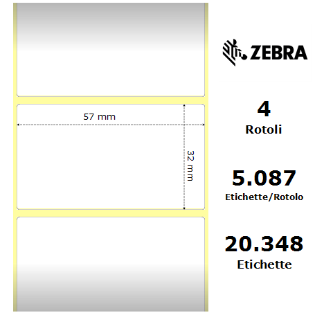3006324 - Etichette Zebra F.to 57x32mm Carta Vellum Ad. Permanente D.i. 76mm - con Strappo facilitato - Conf. da 4 Rotoli