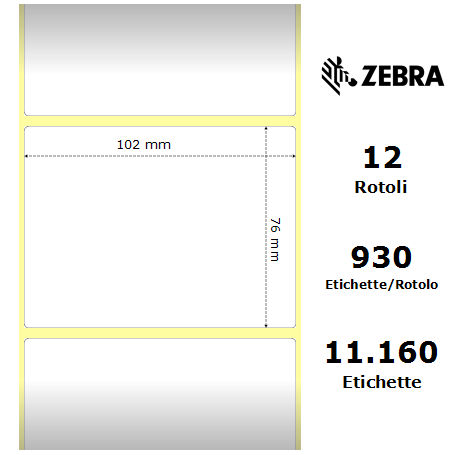 800294-305 - Etichette Zebra F.to 102x76mm Carta Vellum Ad. Permanente D.i. 25mm - con Strappo facilitato - Conf. da 12 Rotoli