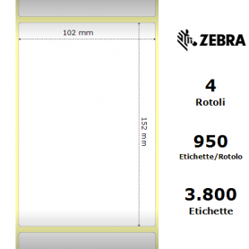 87985 - Etichette Zebra F.to 102x152mm Carta Vellum Ad. Permanente D.i. 76mm - con Strappo facilitato - Conf. da 4 Rotoli