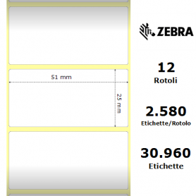 880199-025D - Etichette Zebra F.to 51x25mm Carta Termica Adesivo Permanente D.i. 25mm - Confezione da 12 Rotoli