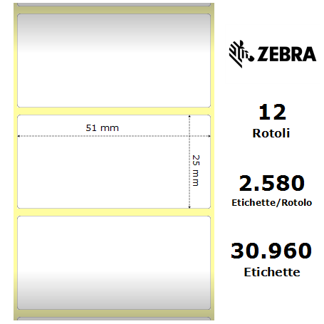 880199-025D - Etichette Zebra F.to 51x25mm Carta Termica Adesivo Permanente D.i. 25mm - Confezione da 12 Rotoli