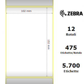 800284-605 - Etichette Zebra F.to 102x152mm Carta Termica Ad. Permanente D.i. 25mm - con Strappo facilitato - Conf. da 12 Rotoli