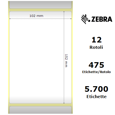 800284-605 - Etichette Zebra F.to 102x152mm Carta Termica Ad. Permanente D.i. 25mm - con Strappo facilitato - Conf. da 12 Rotoli