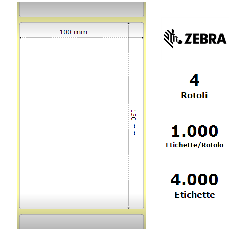 3005091 - Etichette Zebra F.to 100x150mm Carta Vellum Adesivo Permanente D.i. 76mm - Confezione da 4 Rotoli