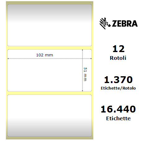 800274-205 - Etichette Zebra F.to 102x51mm Carta Vellum Ad. Permanente D.i. 25mm - con Strappo facilitato - Conf. da 12 Rotoli