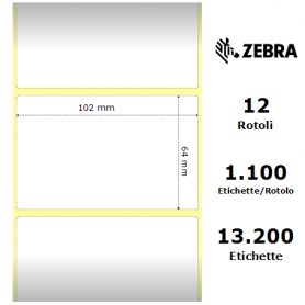 800264-255 - Etichette Zebra F.to 102x64mm Carta Termica Ad. Permanente D.i. 25mm - con Strappo facilitato - Conf. da 12 Rotoli