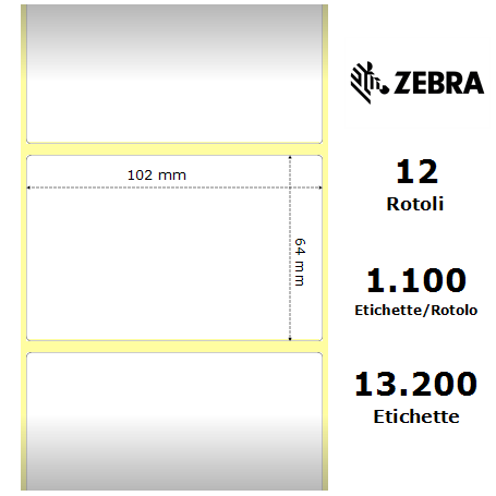 800264-255 - Etichette Zebra F.to 102x64mm Carta Termica Ad. Permanente D.i. 25mm - con Strappo facilitato - Conf. da 12 Rotoli