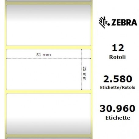 880007-025D - Etichette Zebra F.to 51x25mm Carta Vellum Adesivo Permanente D.i. 25mm - Confezione da 12 Rotoli