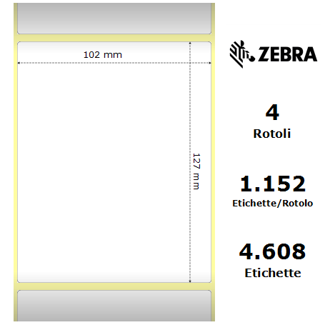 880026-127 - Etichette Zebra F.to 102x127mm Carta Vellum Adesivo Permanente D.i. 76mm - Confezione da 4 Rotoli