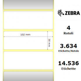 880026-038 - Etichette Zebra F.to 102x38mm Carta Vellum Adesivo Permanente D.i. 76mm - Confezione da 4 Rotoli