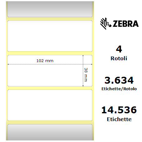 880026-038 - Etichette Zebra F.to 102x38mm Carta Vellum Adesivo Permanente D.i. 76mm - Confezione da 4 Rotoli