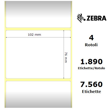 880026-076 - Etichette Zebra F.to 102x76mm Carta Vellum Adesivo Permanente D.i. 76mm - Confezione da 4 Rotoli