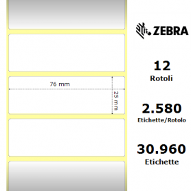 800273-105 - Etichette Zebra F.to 76x25mm Carta Vellum Ad. Permanente D.i. 25mm - con Strappo Facilitato - Conf. da 12 Rotoli
