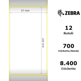 3007204-T - Etichette Zebra F.to 57x102mm Carta Vellum Ad. Permanente D.i. 25mm - con Strappo facilitato - Conf. da 12 Rotoli