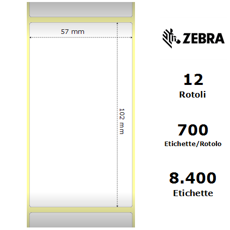 3007204-T - Etichette Zebra F.to 57x102mm Carta Vellum Ad. Permanente D.i. 25mm - con Strappo facilitato - Conf. da 12 Rotoli