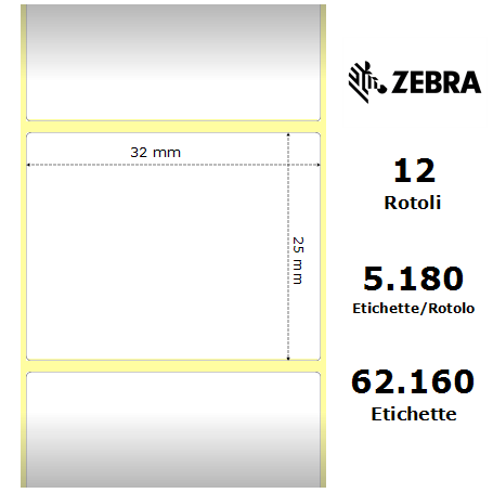 880004-025 - Etichette Zebra F.to 32x25mm Carta Vellum Adesivo Permanente D.i. 76mm - Confezione da 12 Rotoli