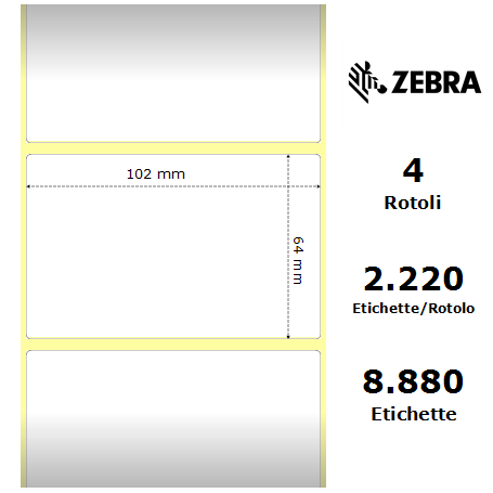 76179 - Etichette Zebra F.to 102x64mm Carta Vellum Adesivo Permanente D.i. 76mm - Confezione da 4 Rotoli