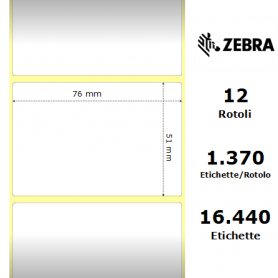 800273-205 - Etichette Zebra F.to 76x51mm Carta Vellum Adesivo Perm. D.i. 25mm - con Strappo Facilitato - Conf. da 12 Rotoli