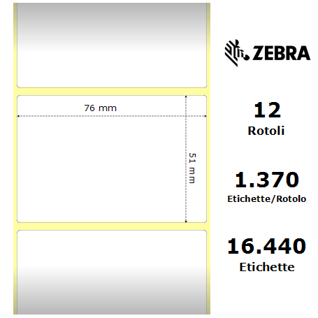 800273-205 - Etichette Zebra F.to 76x51mm Carta Vellum Adesivo Perm. D.i. 25mm - con Strappo Facilitato - Conf. da 12 Rotoli