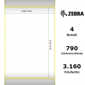 3005103 - Etichette Zebra F.to 148x210mm Carta Termica Ad. Permanente D.i. 76mm - con Strappo facilitato - Conf. da 4 Rotoli