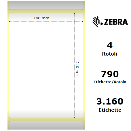 3005103 - Etichette Zebra F.to 148x210mm Carta Termica Ad. Permanente D.i. 76mm - con Strappo facilitato - Conf. da 4 Rotoli