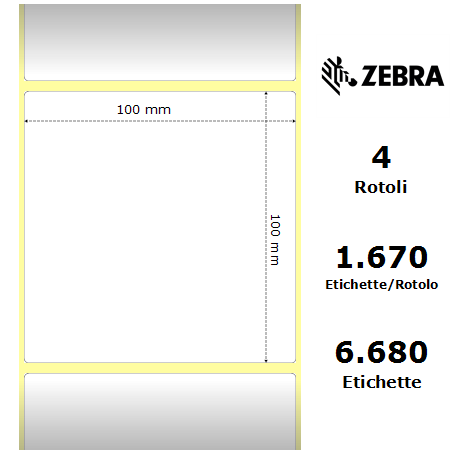 3004645 - Etichette Zebra F.to 100x100mm Carta Vellum Adesivo Permanente D.i. 76mm - Confezione da 4 Rotoli