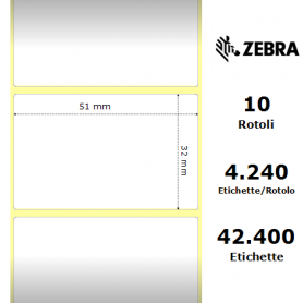 880010-031 - Etichette Zebra F.to 51x32mm Carta Vellum Adesivo Permanente D.i. 76mm - Confezione da 10 Rotoli