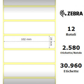 800274-105 - Etichette Zebra F.to 102x25mm Carta Vellum Ad. Permanente D.i. 25mm - con Strappo facilitato - Conf. da 12 Rotoli
