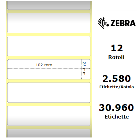 800274-105 - Etichette Zebra F.to 102x25mm Carta Vellum Ad. Permanente D.i. 25mm - con Strappo facilitato - Conf. da 12 Rotoli