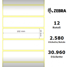 800264-105 - Etichette Zebra F.to 102x25mm Carta Termica Ad. Permanente D.i. 25mm - con Strappo facilitato - Conf. da 12 Rotoli