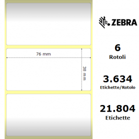 880018-038 - Etichette Zebra F.to 76x38mm Carta Vellum Adesivo Permanente D.i. 76mm - Confezione da 6 Rotoli