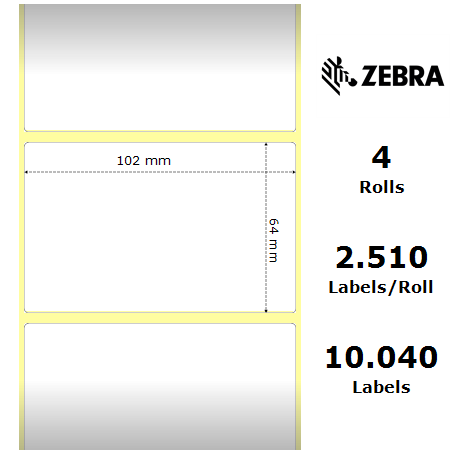 3002654 - Etichette Zebra F.to 102x64mm Carta Termica Adesivo Permanente D.i. 76mm - Confezione da 4 Rotoli