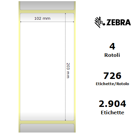 880134-203 - Etichette Zebra F.to 102x203mm Carta Vellum Adesivo Permanente D.i. 76mm - Confezione da 4 Rotoli